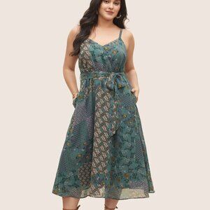 BloomChic Plus Size XL Chiffon Boho Print Wrap Belted Cami Dress us14-16